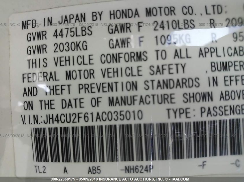 JH4CU2F61AC035010 2010 Acura Tsx 2.4