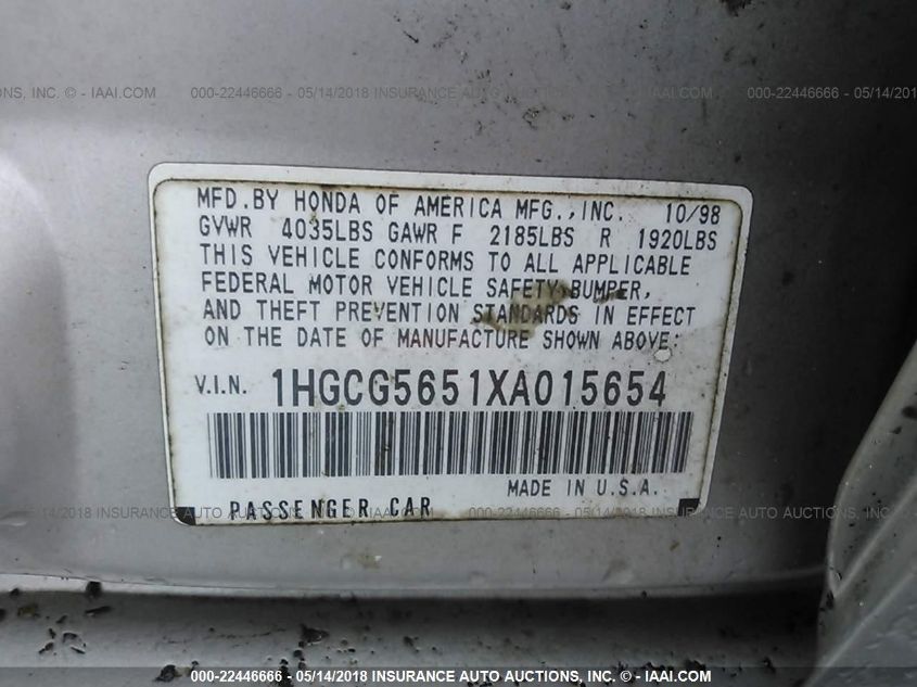 1HGCG5651XA015654 1999 Honda Accord Ex