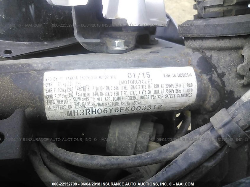 2015 Yamaha Yzfr3 VIN: MH3RH06Y6FK003318 Lot: 22552708