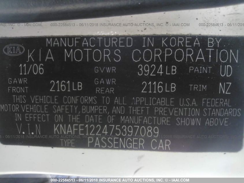 KNAFE122475397089 2007 Kia Spectra Ex