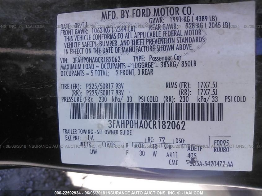 2012 Ford Fusion Se VIN: 3FAHP0HA0CR182062 Lot: 22592934