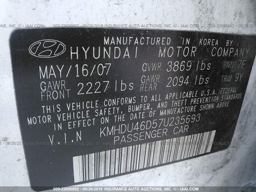2007 Hyundai Elantra Limited/Gls/Se VIN: KMHDU46D57U235693 Lot: 22696692
