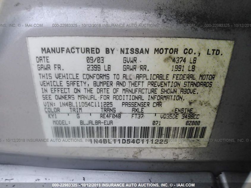 2004 Nissan Altima Se VIN: 1N4BL11D54C111225 Lot: 22983325