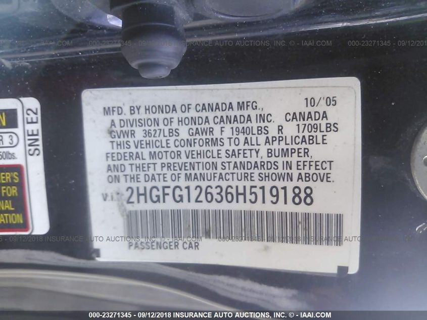 2HGFG12636H519188 2006 Honda Civic Lx