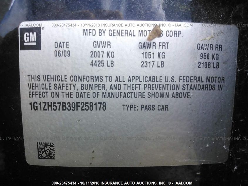 2009 Chevrolet Malibu Lt W/1Lt VIN: 1G1ZH57B39F258178 Lot: 23475434