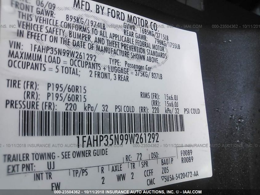 2009 Ford Focus Se VIN: 1FAHP35N99W261292 Lot: 23504362