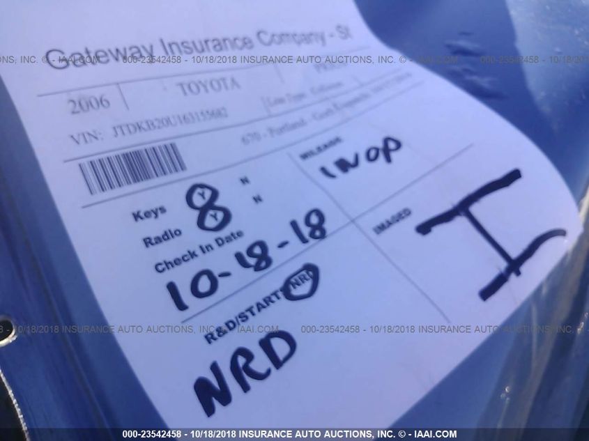 2006 Toyota Prius VIN: JTDKB20U163155682 Lot: 23542458