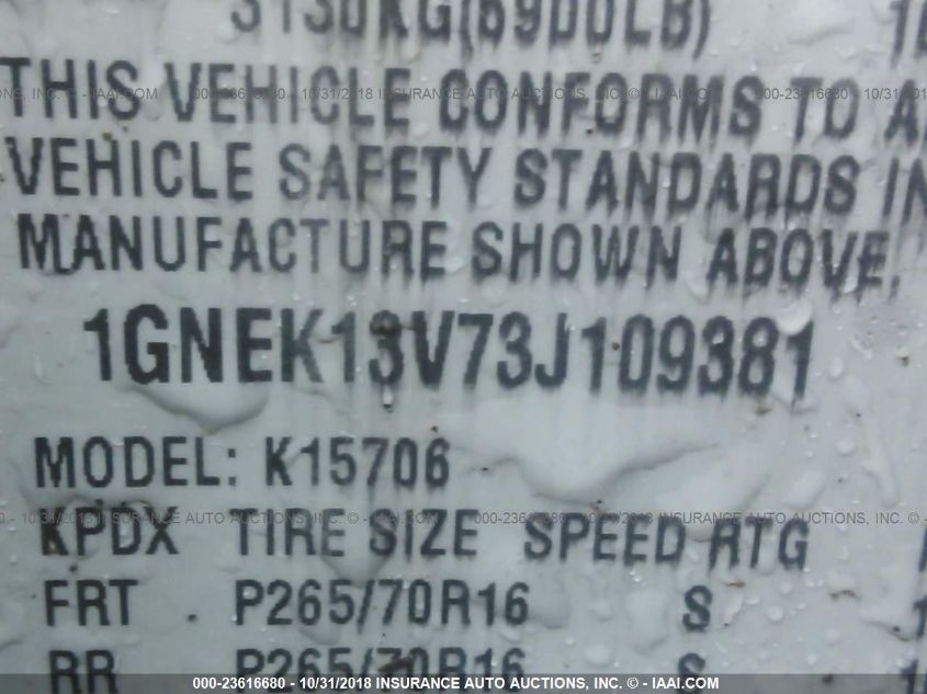 2003 Chevrolet Tahoe Ls VIN: 1GNEK13V73J109381 Lot: 23616680