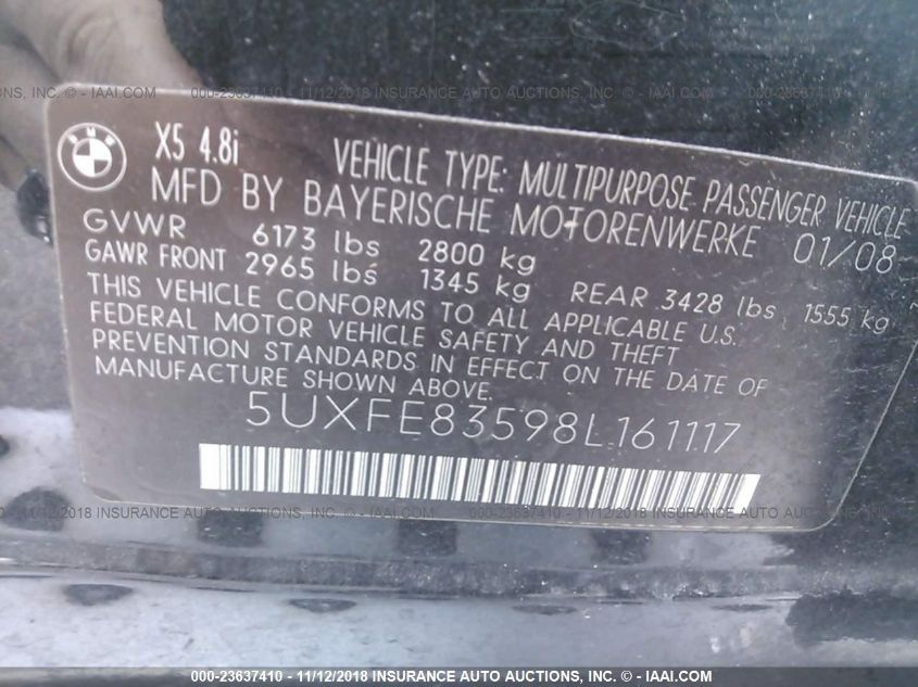 5UXFE83598L161117 2008 BMW X5 4.8I