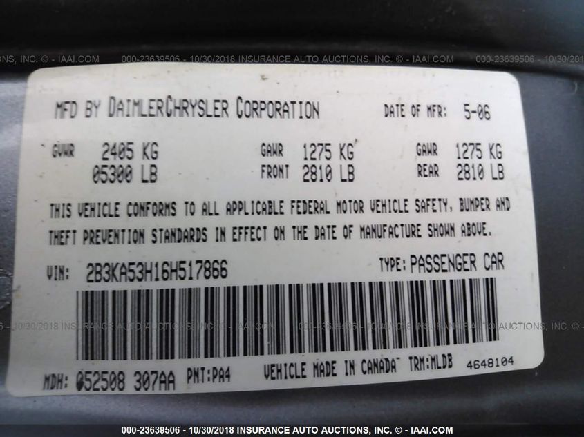 2006 Dodge Charger R/T VIN: 2B3KA53H16H517866 Lot: 23639506