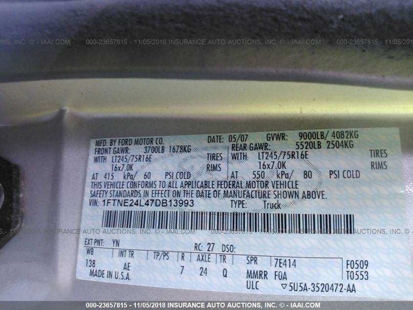 2007 Ford Econoline E250 Van VIN: 1FTNE24L47DB13993 Lot: 23657815