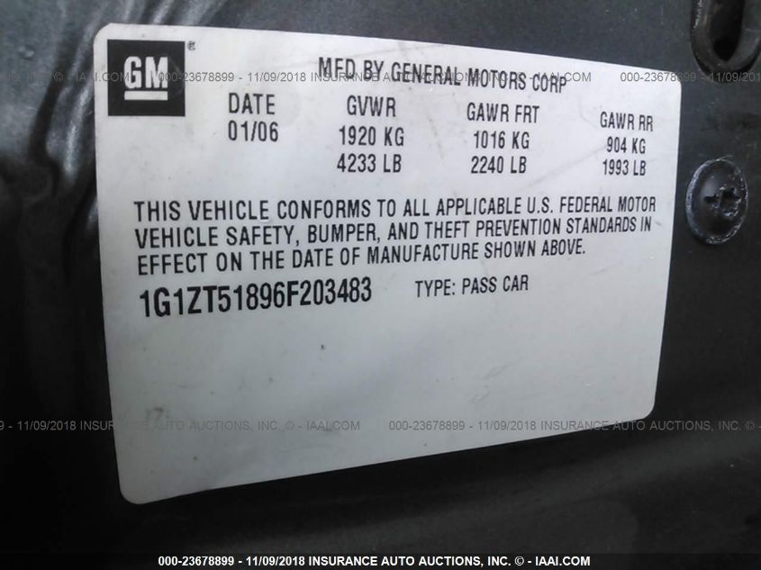 2006 Chevrolet Malibu Lt VIN: 1G1ZT51896F203483 Lot: 23678899