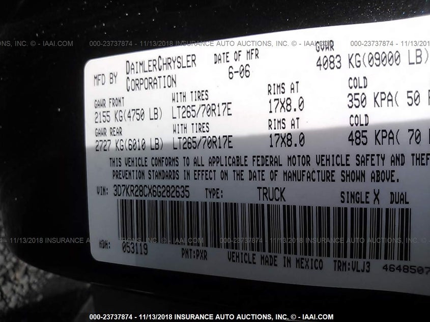 2006 Dodge Ram 2500 Laramie VIN: 3D7KR28CX6G282635 Lot: 23737874