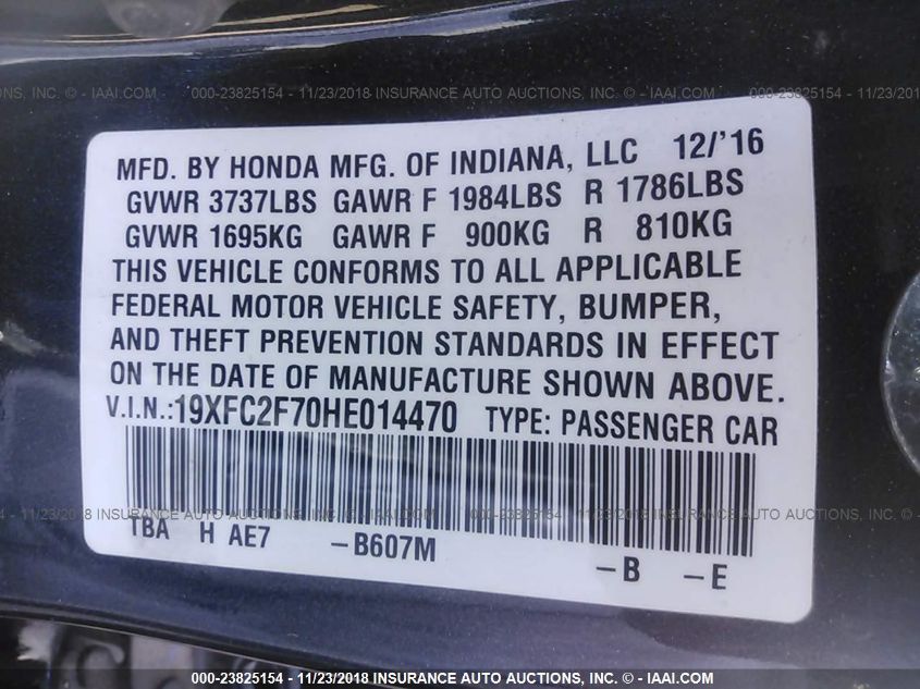 2017 Honda Civic VIN: 189FC2F70HE014470 Lot: 23825154