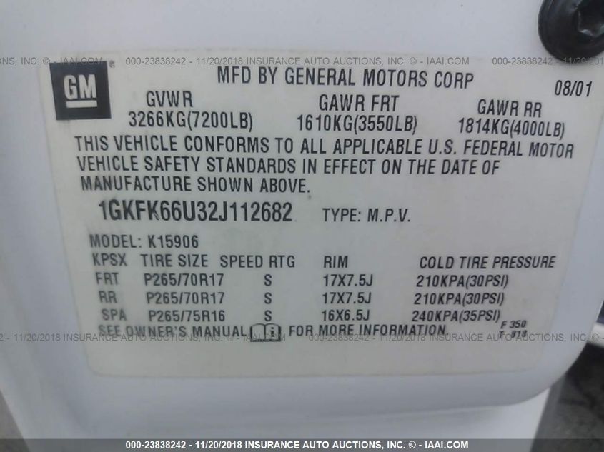 1GKFK66U32J112682 2002 GMC Yukon Xl Denali Denali