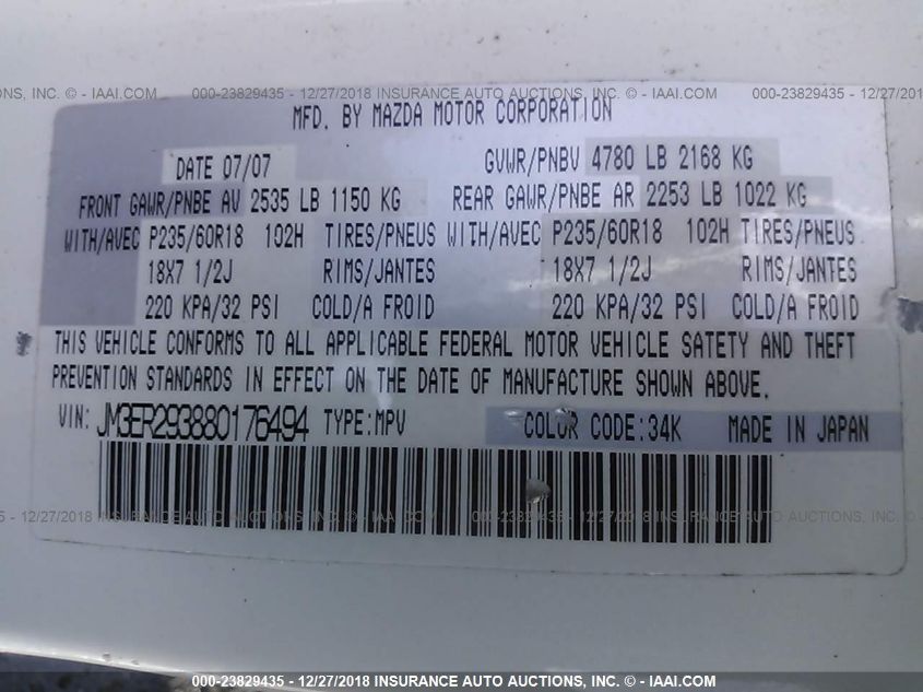 2008 Mazda Cx-7 VIN: JM3ER293880176494 Lot: 23829435