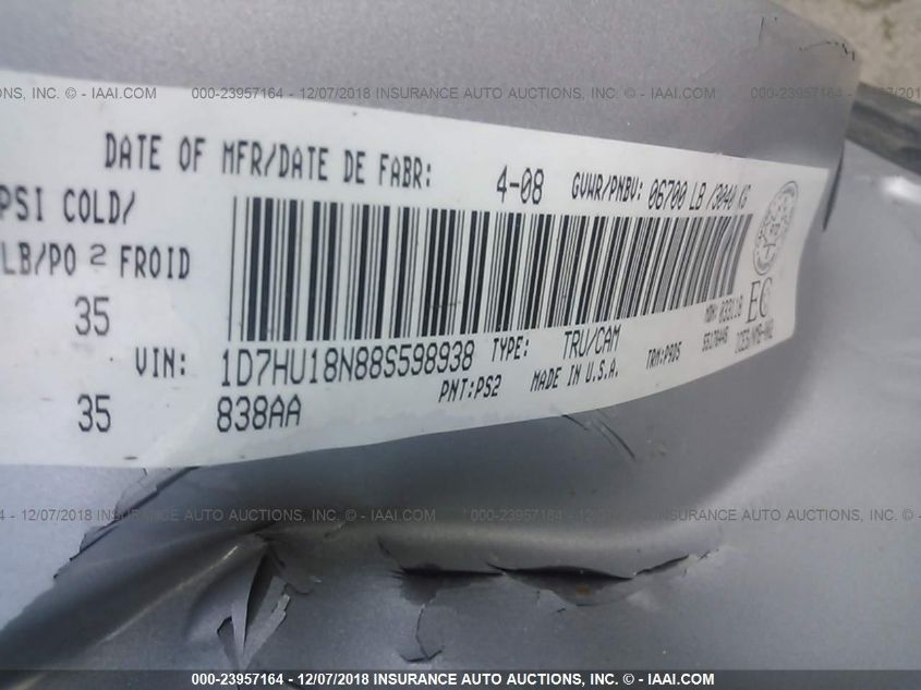 2008 Dodge Ram 1500 St/Sxt VIN: 1D7HU18N88S598938 Lot: 23957164