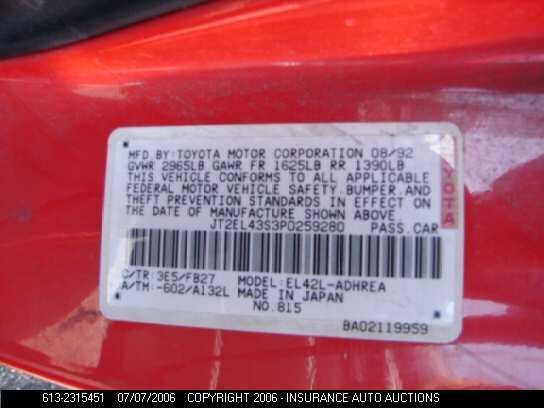 1993 Toyota Tercel VIN: JT2EL43S3P0259280 Lot: 2315451