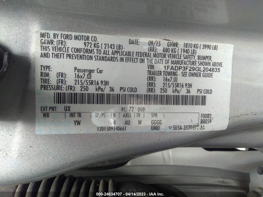 1FADP3F29GL204835 2016 Ford Focus Se