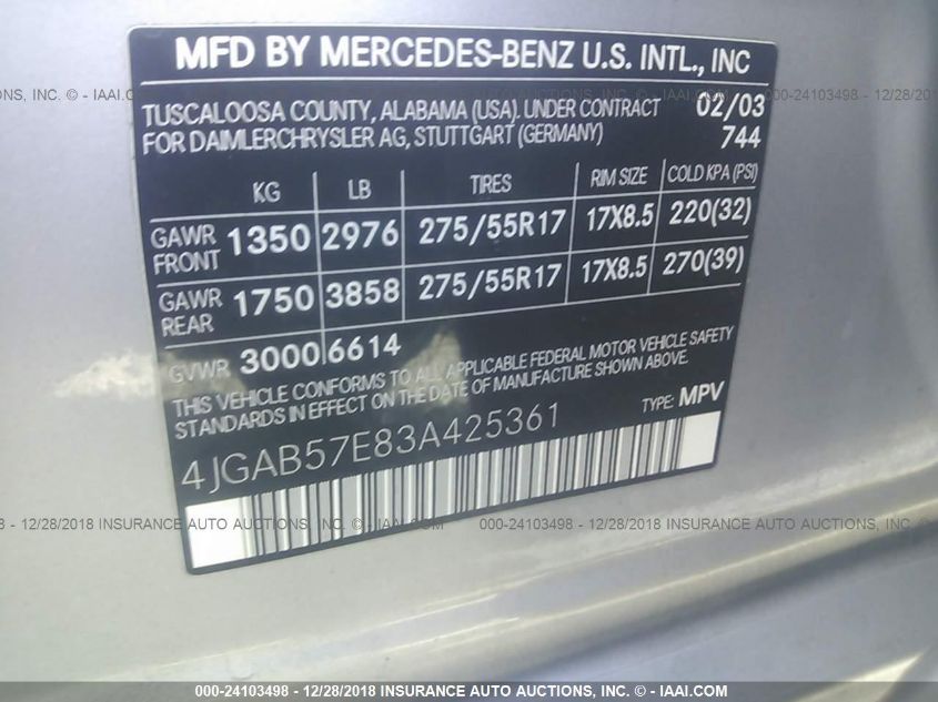 4JGAB57E83A425361 2003 Mercedes-Benz Ml 350