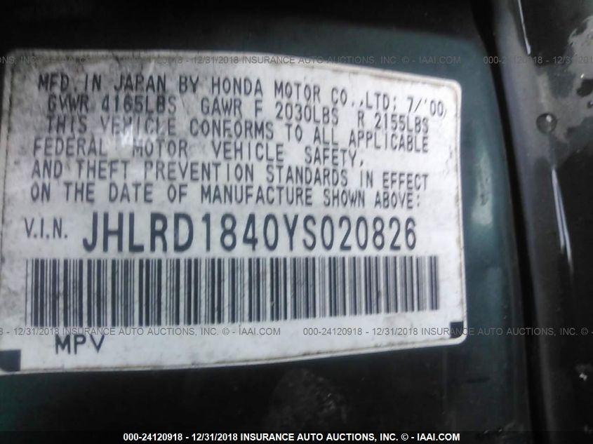 JHLRD1840YS020826 2000 Honda Cr-V Lx