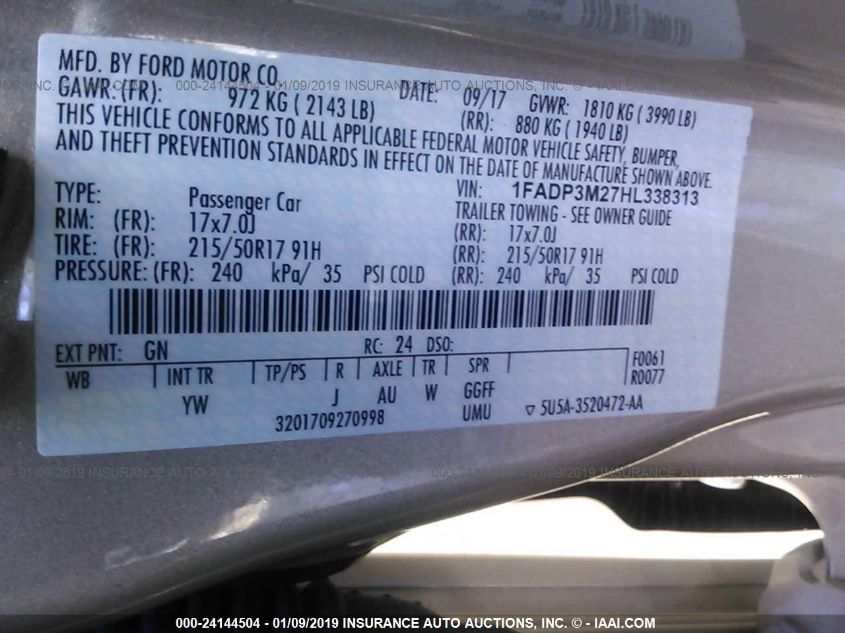 1FADP3M27HL338313 2017 Ford Focus Sel