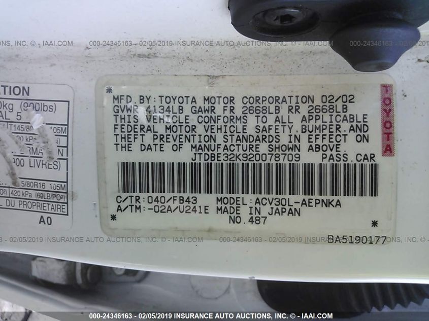 2002 Toyota Camry Le VIN: JTDBE32K920078709 Lot: 24346163