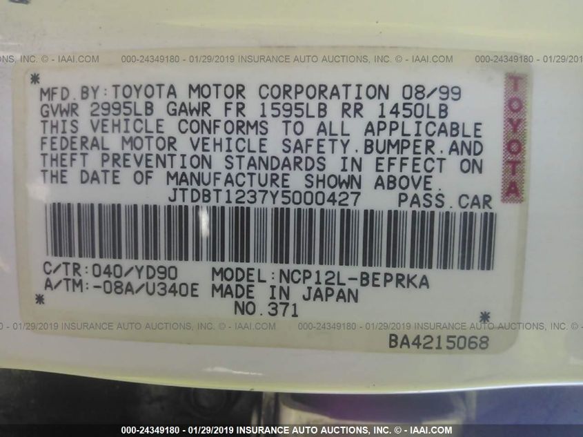 2000 Toyota Echo VIN: JTDBT1237Y5000427 Lot: 24349180