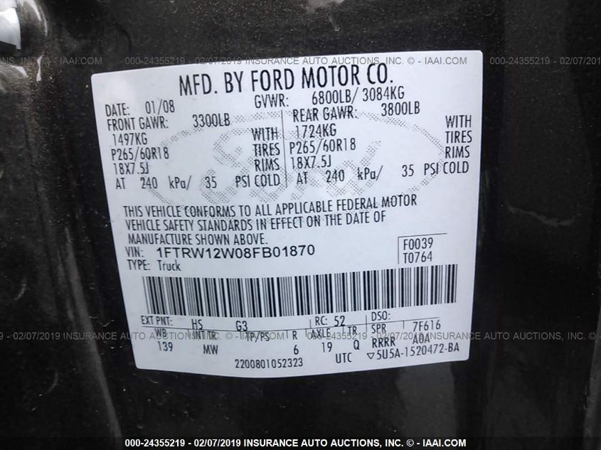 1FTRW12W08FB01870 2008 Ford F-150 Xlt/Xl