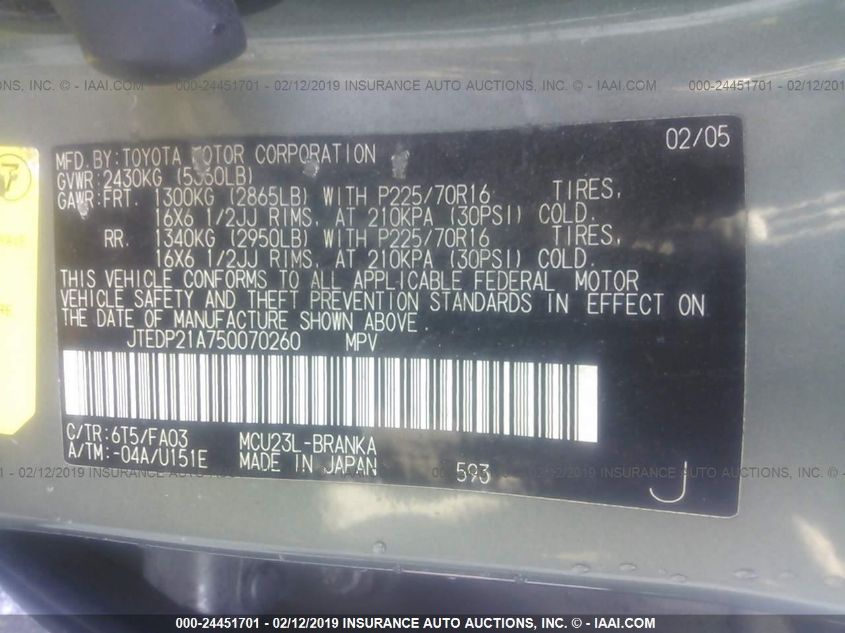 2005 Toyota Highlander V6 VIN: JTEDP21A750070260 Lot: 24451701