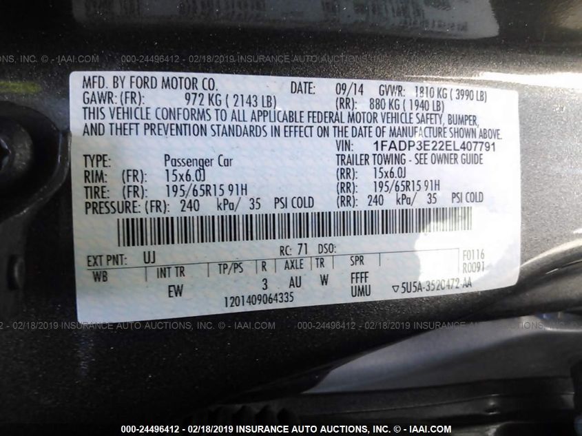 1FADP3E22EL407791 2014 Ford Focus S