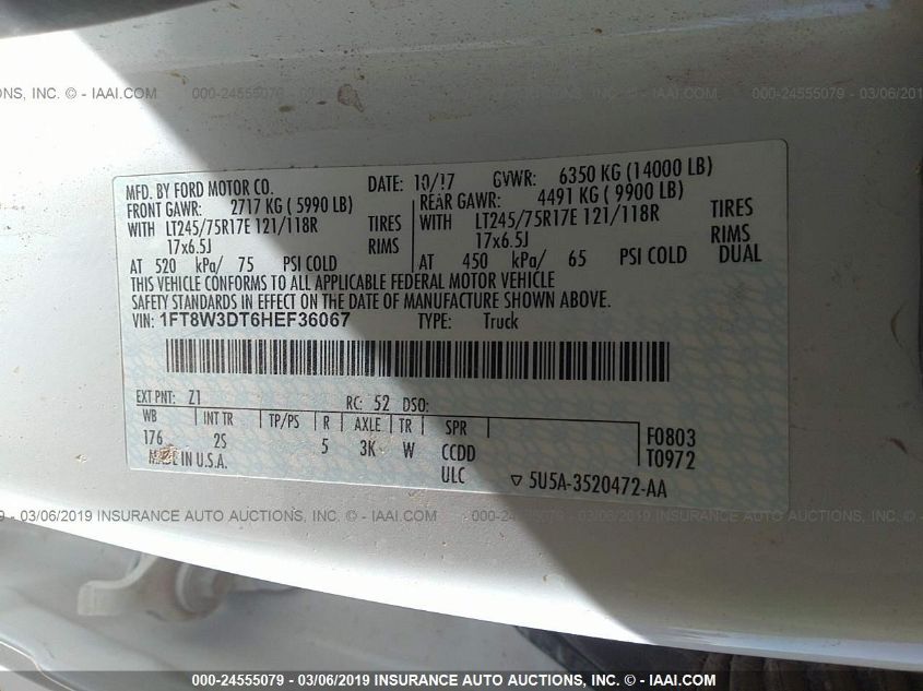 2017 Ford F-350 Xlt VIN: 1FT8W3DT6HEF36067 Lot: 24555079
