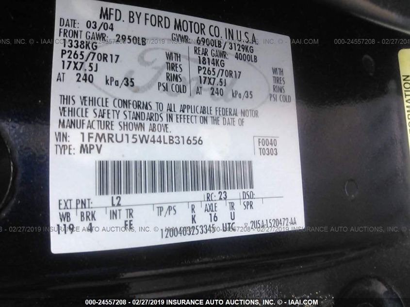 2004 Ford Expedition Xlt VIN: 1FMRU15W44LB31656 Lot: 24557208