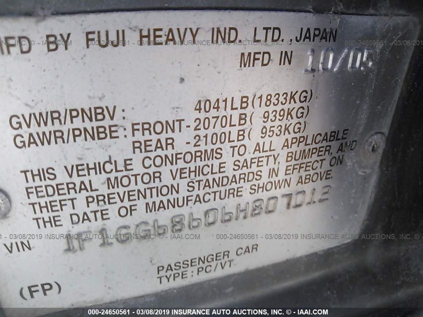 2006 Subaru Impreza Outback Sport VIN: JF1GG68606H807012 Lot: 24650561