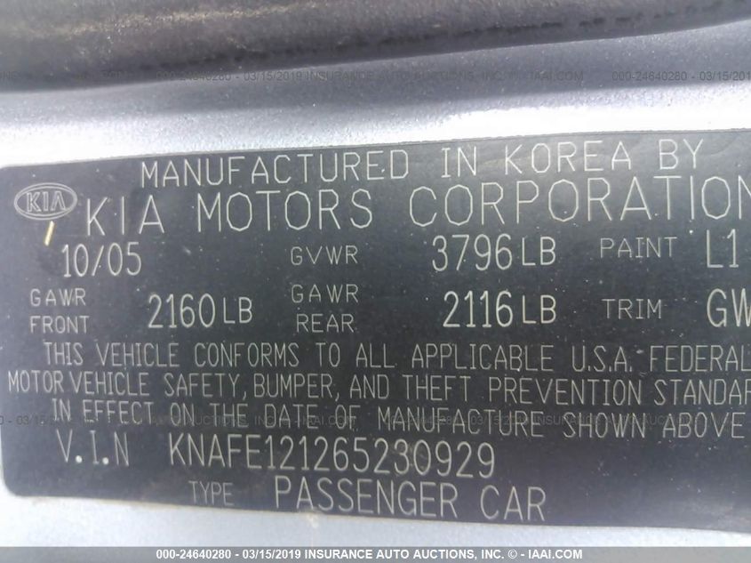 KNAFE121265230929 2006 Kia New Spectra Lx/Ex