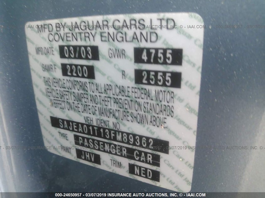 2003 Jaguar S-Type VIN: SAJEA01T13FM89362 Lot: 24650957