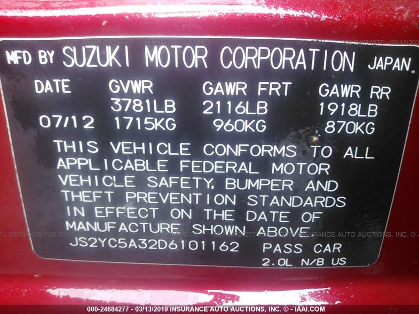 VIN JS2YC5A32D6101162 2013 Suzuki SX4, LE no.9