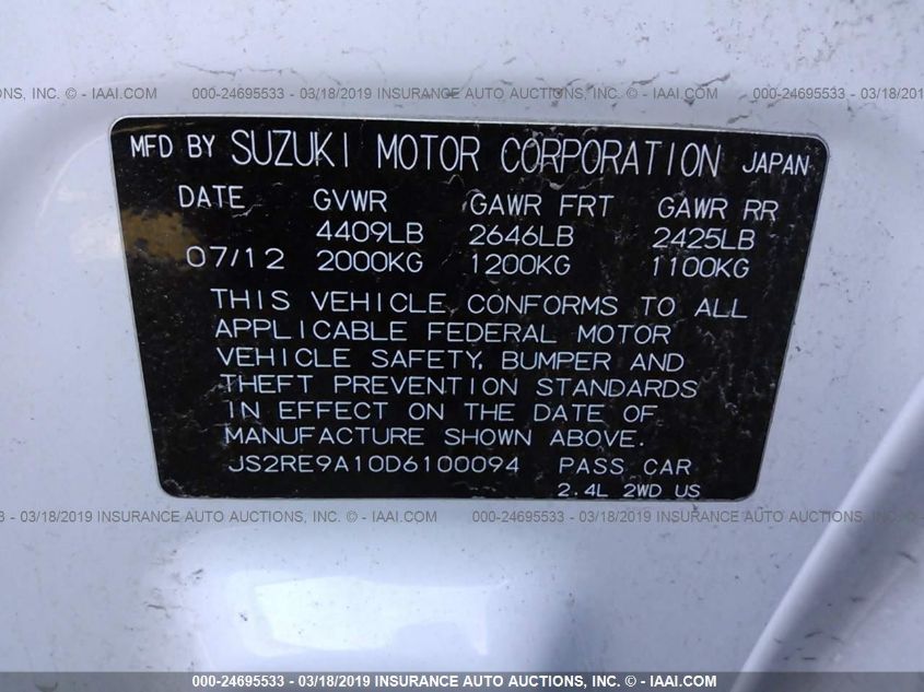 VIN JS2RE9A10D6100094 2013 Suzuki Kizashi, S no.9