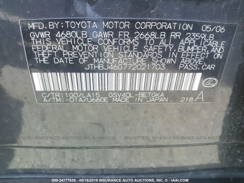 2007 Lexus Es 350 VIN: JTHBJ46G772021703 Lot: 24777635