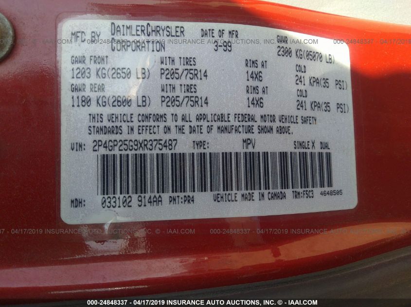 1999 Plymouth Voyager VIN: 2P4GP25G9XR375487 Lot: 24848337