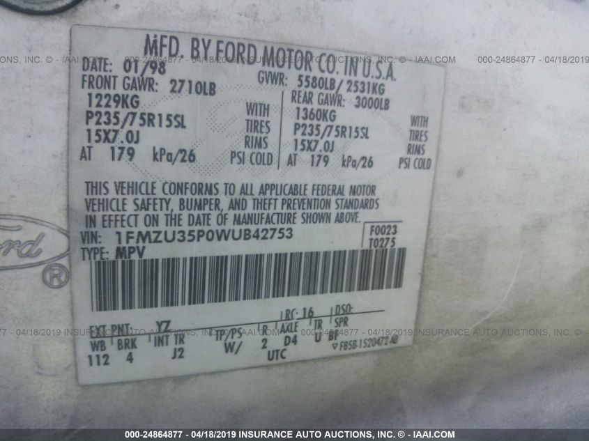 1FMZU35P0WUB42753 1998 Ford Explorer