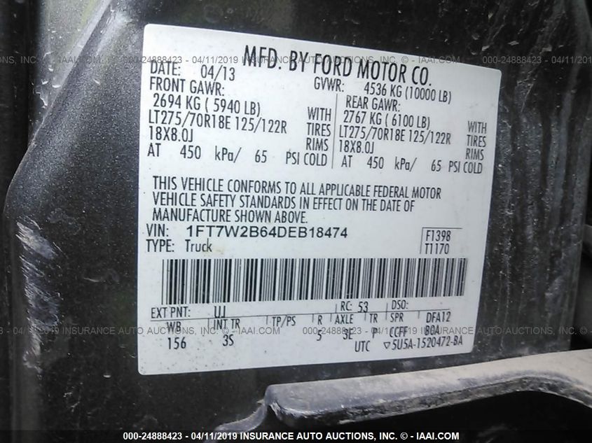 2013 Ford F-250 Xlt VIN: 1FT7W2B64DEB18474 Lot: 24888423
