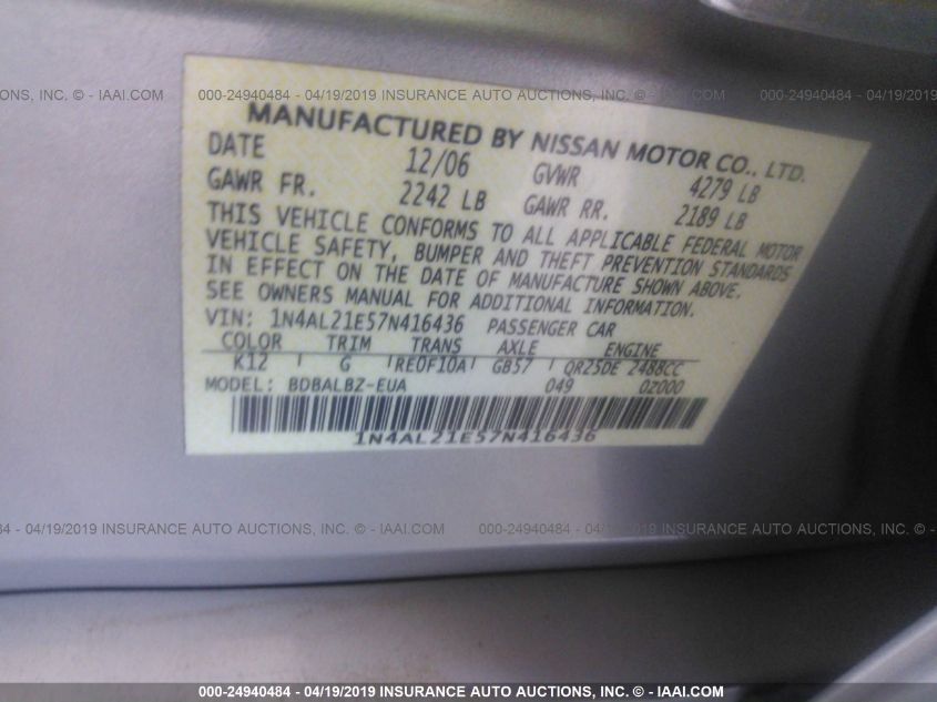 2007 Nissan Altima 2.5 S VIN: 1N4AL21E57N416436 Lot: 24940484