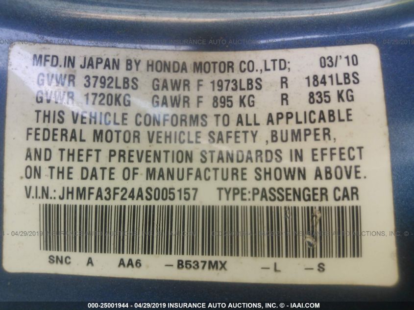 JHMFA3F24AS005157 2010 Honda Civic Hybrid