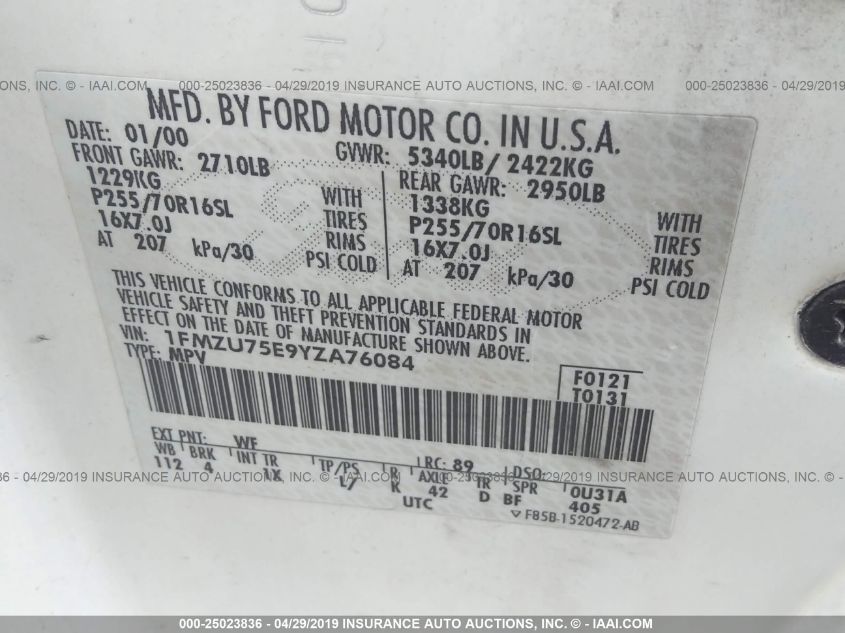 1FMZU75E9YZA76084 2000 Ford Explorer Limited