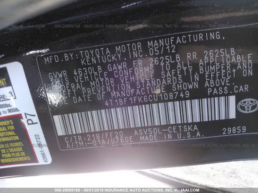 4T1BF1FK6CU108749 2012 Toyota Camry Se