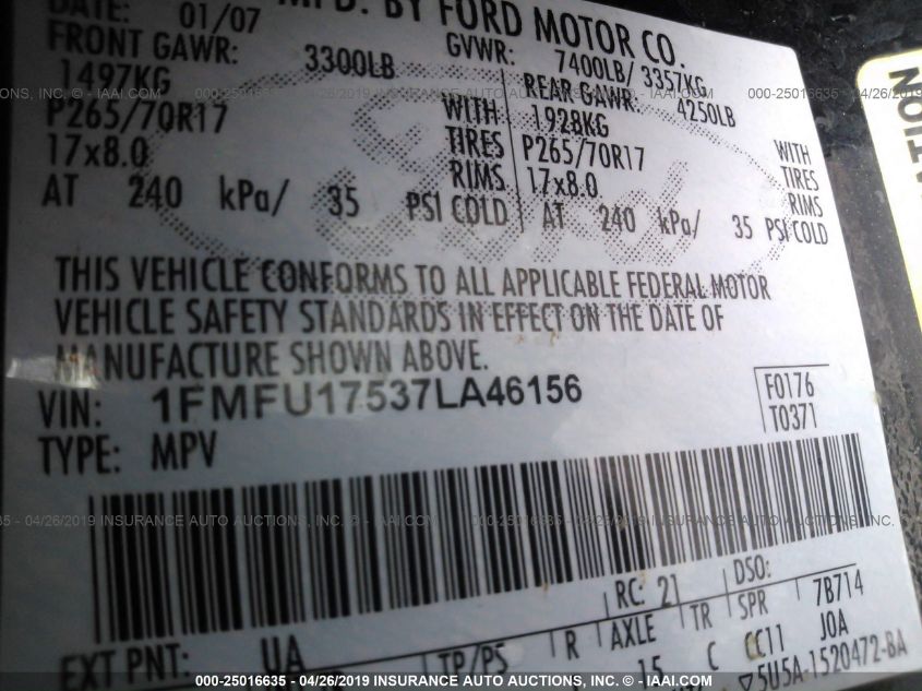 2007 Ford Expedition Eddie Bauer VIN: 1FMFU17537LA46156 Lot: 25016635