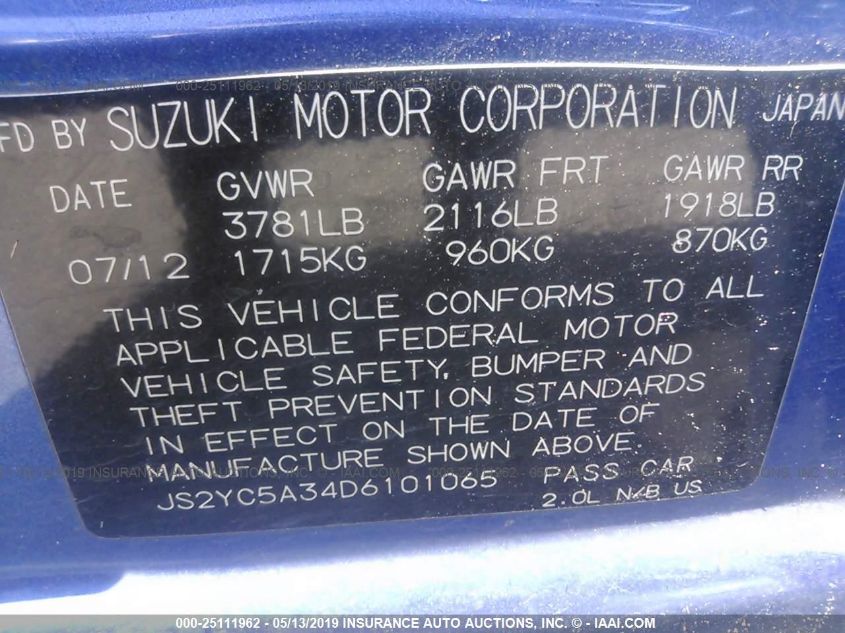 VIN JS2YC5A34D6101065 2013 Suzuki SX4, LE no.9