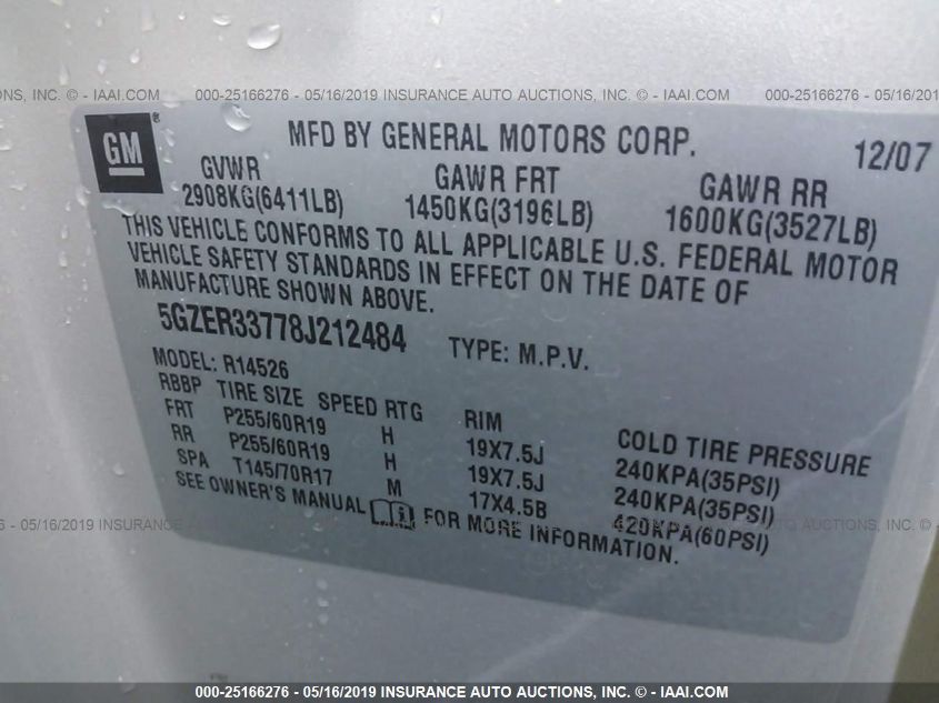 2008 Saturn Outlook Xr VIN: 5GZER33778J212484 Lot: 25166276