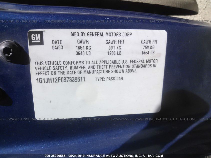 2003 Chevrolet Cavalier Ls Sport VIN: 1G1JH12F037339611 Lot: 25220555